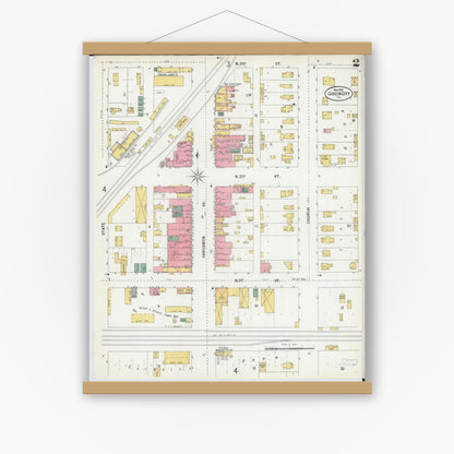 Old map wall art mockup — magnetic wood frame on white wall — Sanborn Fire Insurance Map from Gibson City, Ford County, Illinois (1900), Sheet #0002
