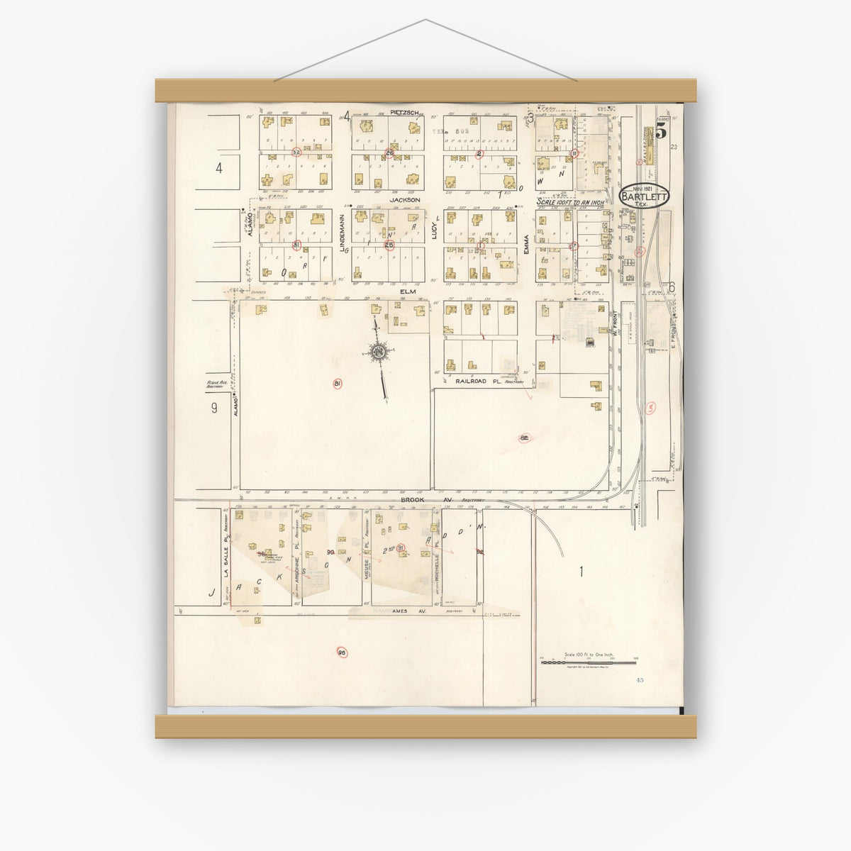 Old map wall art mockup — magnetic wood frame on white wall — Sanborn Fire Insurance Map from Bartlett, Bell and Williamson Counties, Texas (1940), Sheet #0005