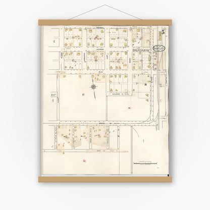 Old map wall art mockup — magnetic wood frame on white wall — Sanborn Fire Insurance Map from Bartlett, Bell and Williamson Counties, Texas (1940), Sheet #0005