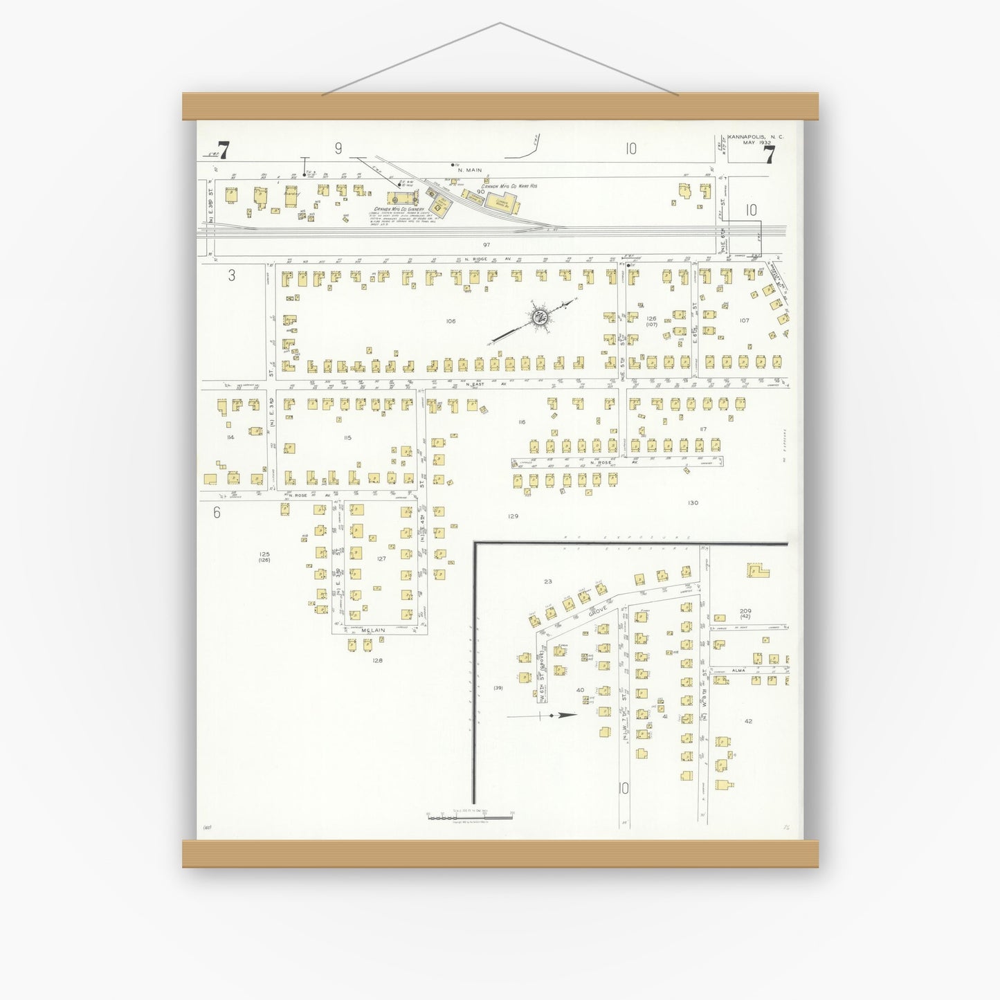 Old map wall art mockup — magnetic wood frame on white wall — Sanborn Fire Insurance Map from Kannapolis, Rowan And Cabarrus Counties, North Carolina (1932), Sheet #0007