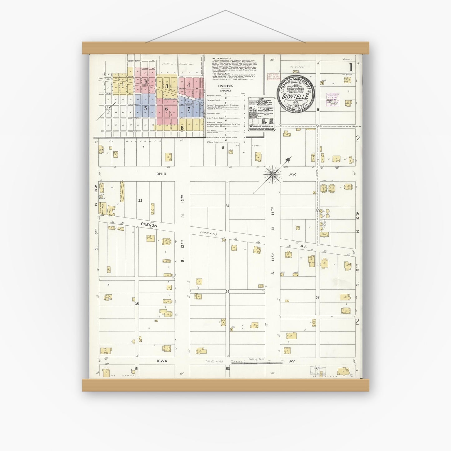 Old map wall art mockup — magnetic wood frame on white wall — Sanborn Fire Insurance Map from Sawtelle, Los Angeles County, California (1907) - Complete Map Set