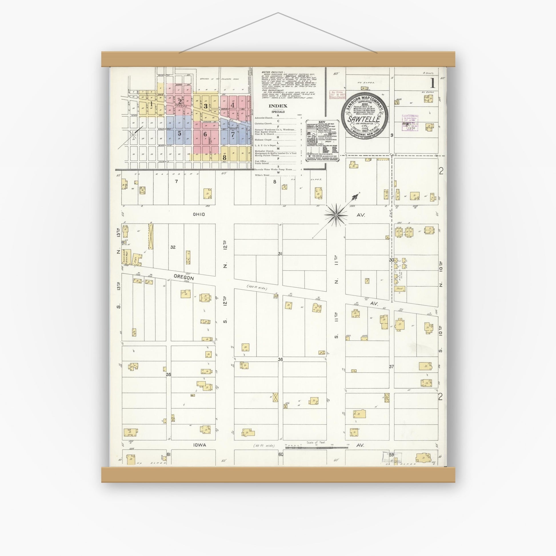 Old map wall art mockup — magnetic wood frame on white wall — Sanborn Fire Insurance Map from Sawtelle, Los Angeles County, California (1907) - Complete Map Set