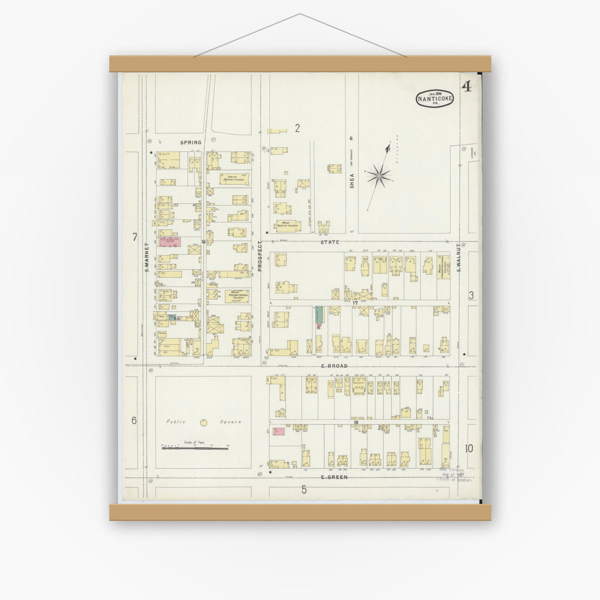 Old map wall art mockup — magnetic wood frame on white wall — Sanborn Fire Insurance Map from Nanticoke, Luzerne County, Pennsylvania (1896), Sheet #0004