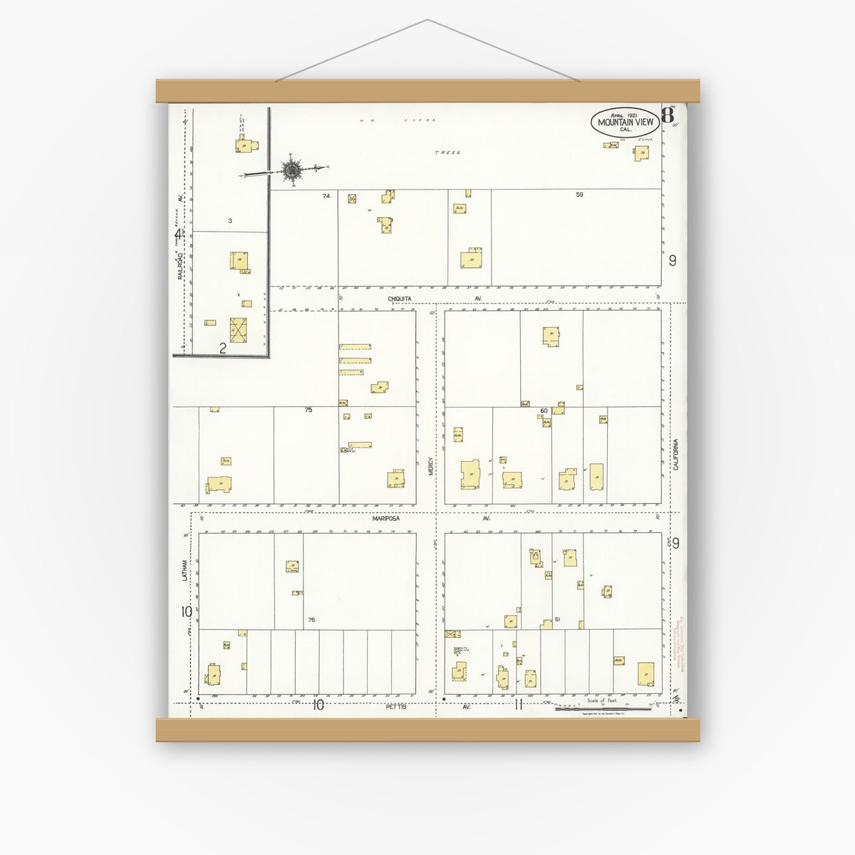 Old map wall art mockup — magnetic wood frame on white wall — Sanborn Fire Insurance Map from Mountain View, Santa Clara County, California (1921), Sheet #0008