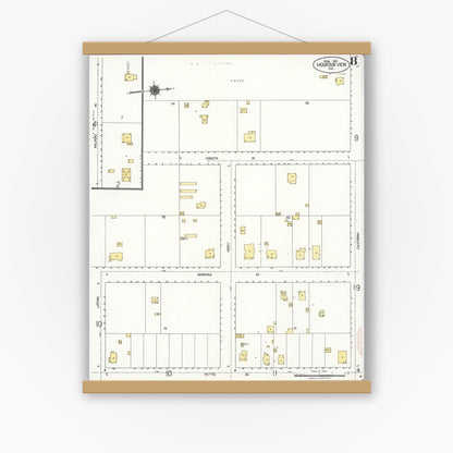 Old map wall art mockup — magnetic wood frame on white wall — Sanborn Fire Insurance Map from Mountain View, Santa Clara County, California (1921), Sheet #0008