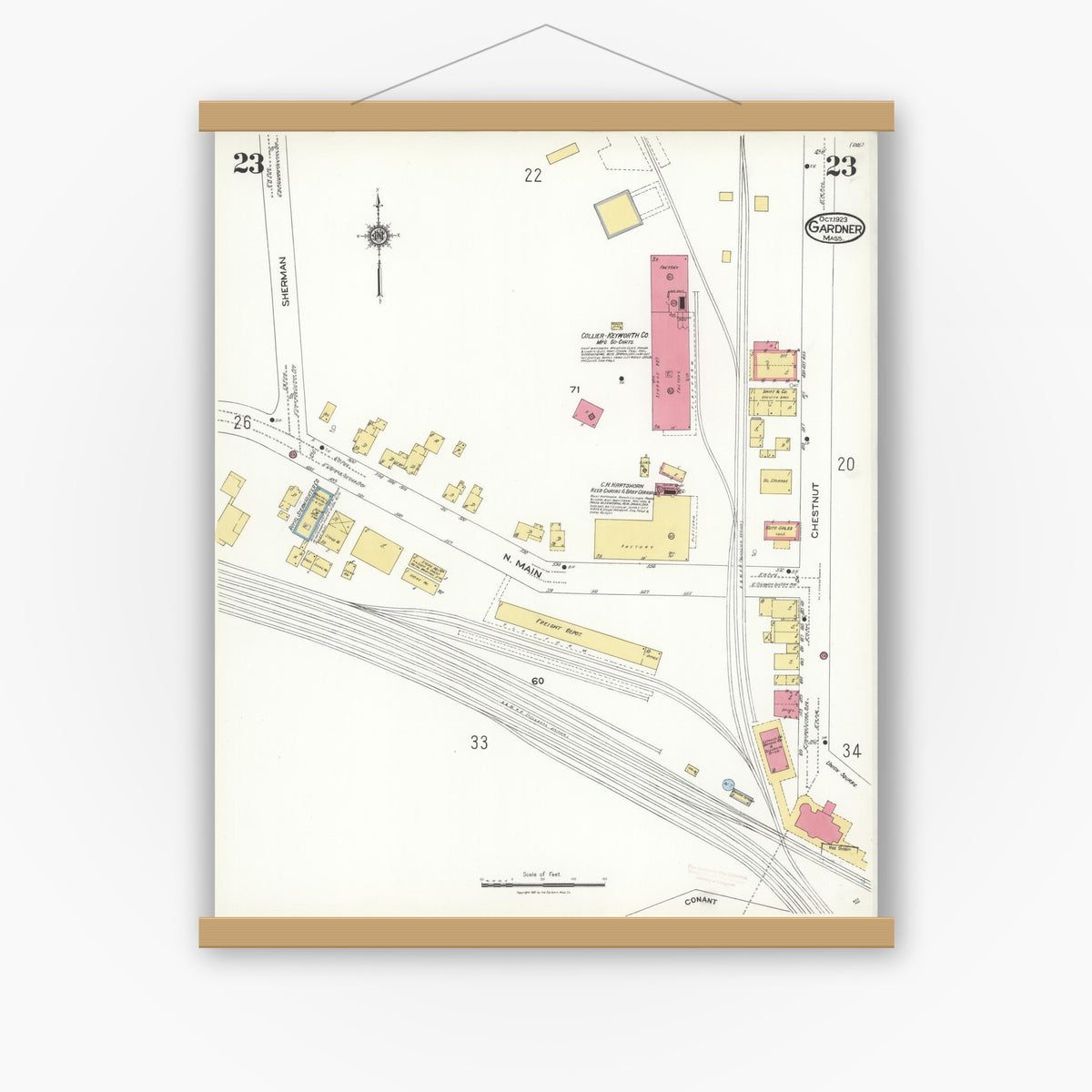 Old map wall art mockup — magnetic wood frame on white wall — Sanborn Fire Insurance Map from Gardner, Worcester County, Massachusetts (1923), Sheet #0023