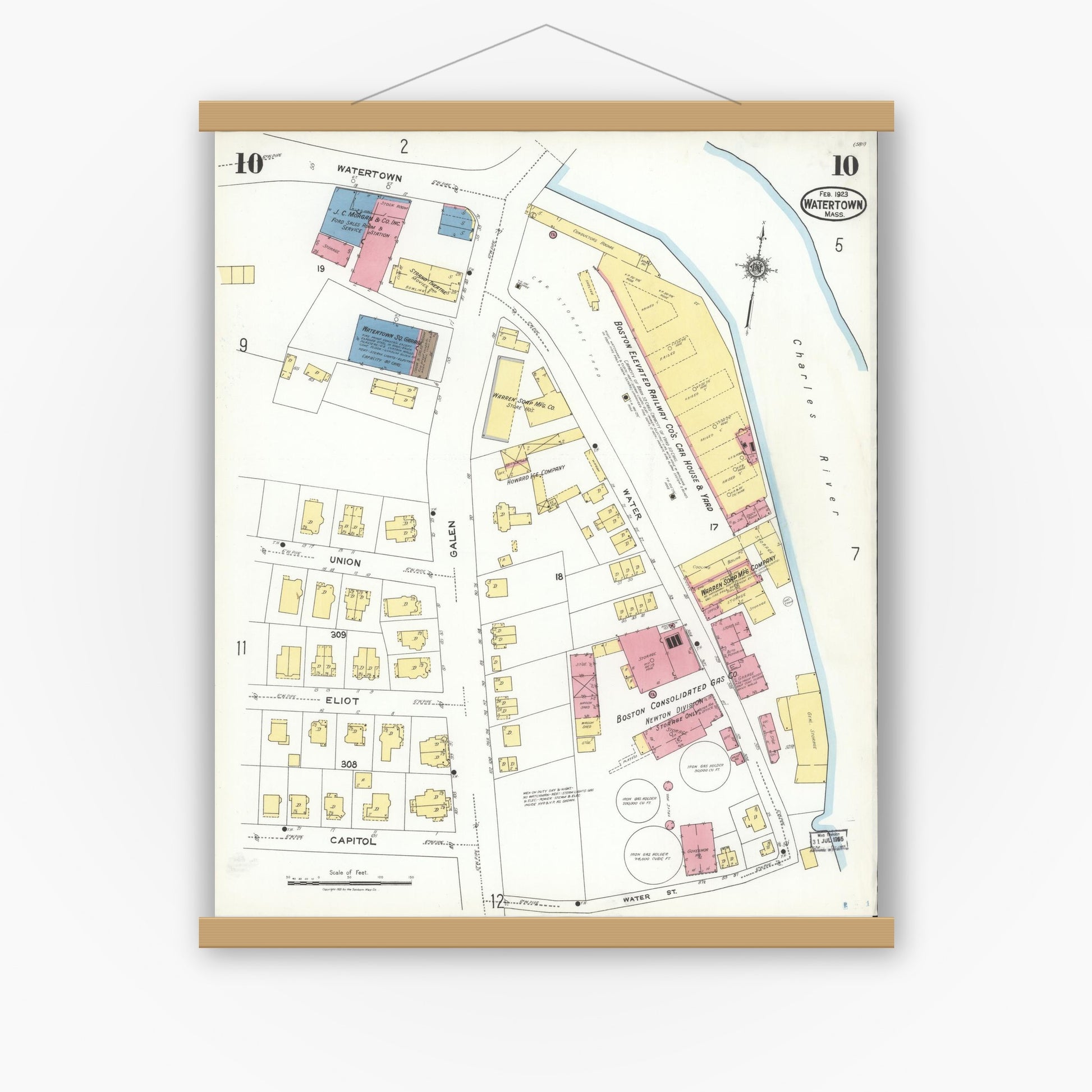 Old map wall art mockup — magnetic wood frame on white wall — Sanborn Fire Insurance Map from Watertown, Middlesex County, Massachusetts (1923), Sheet #0010