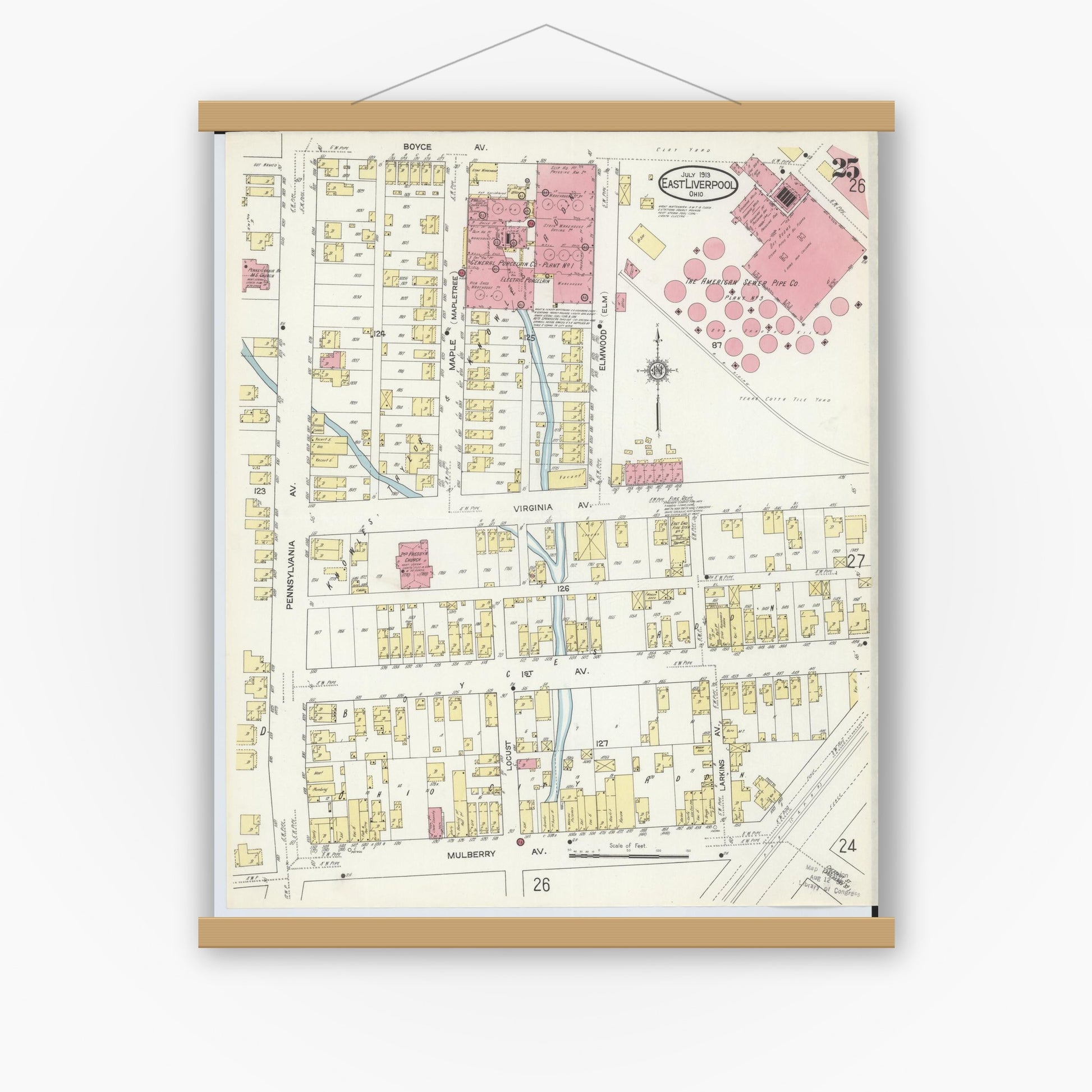 Old map wall art mockup — magnetic wood frame on white wall — Sanborn Fire Insurance Map from East Liverpool, Columbiana County, Ohio (1913), Sheet #0025