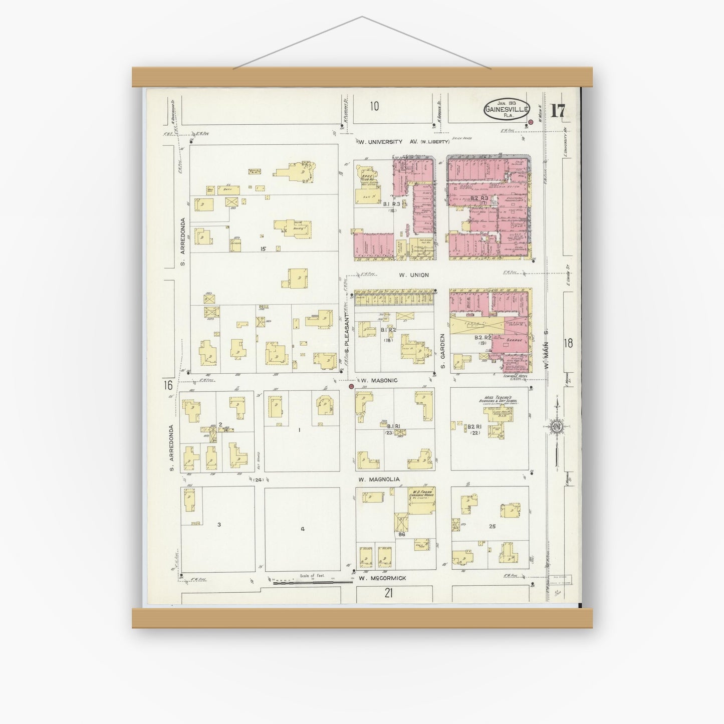 Old map wall art mockup — magnetic wood frame on white wall — Sanborn Fire Insurance Map from Gainesville, Alachua County, Florida (1913), Sheet #0017