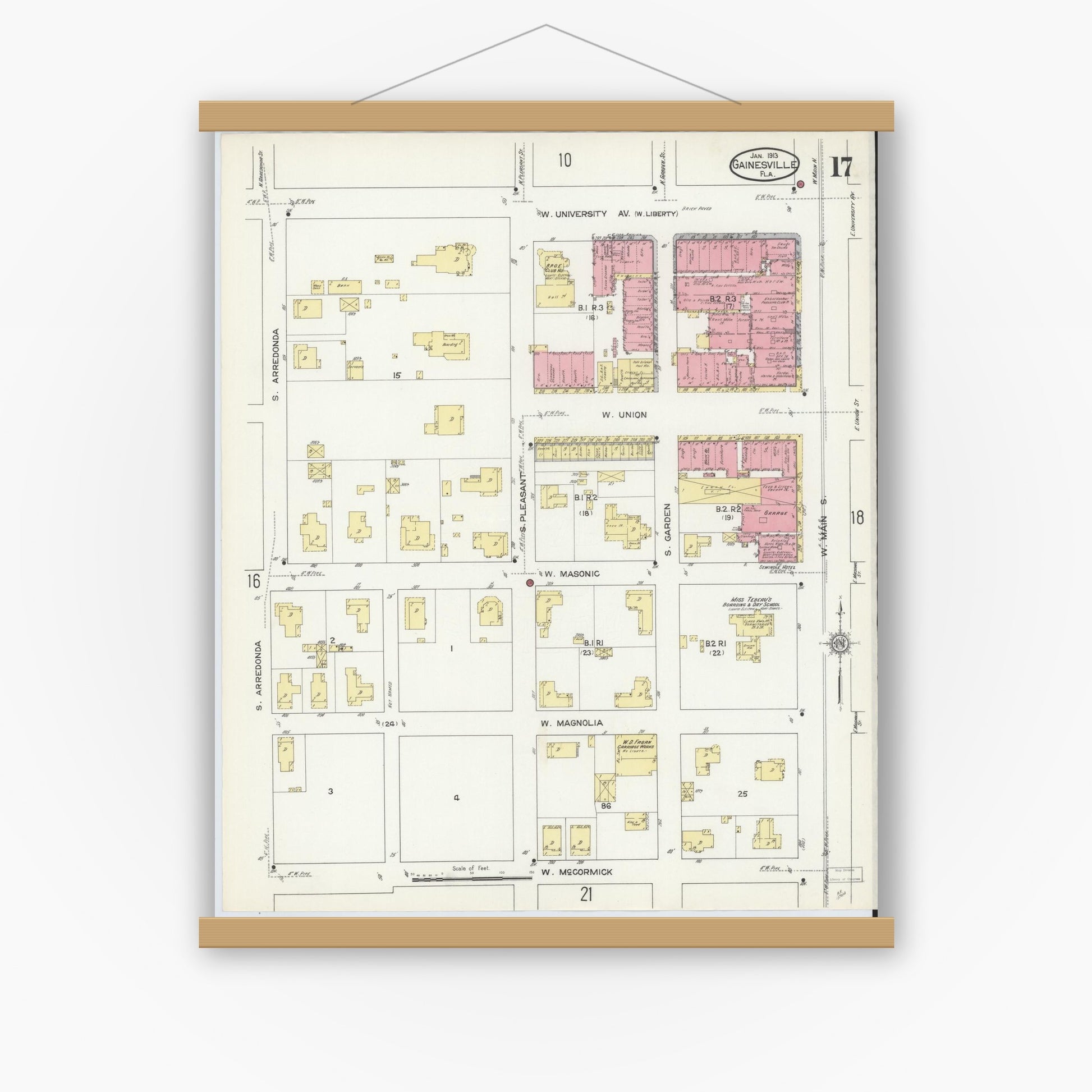 Old map wall art mockup — magnetic wood frame on white wall — Sanborn Fire Insurance Map from Gainesville, Alachua County, Florida (1913), Sheet #0017