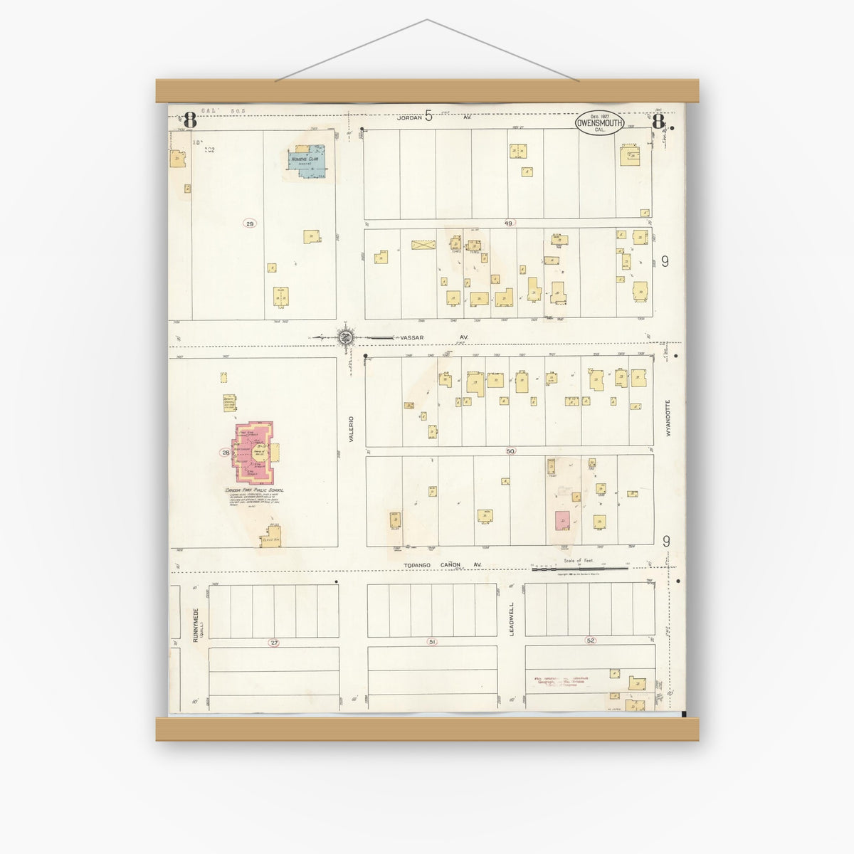 Old map wall art mockup — magnetic wood frame on white wall — Sanborn Fire Insurance Map from Canoga Park, Los Angeles County, California (1932), Sheet #0008
