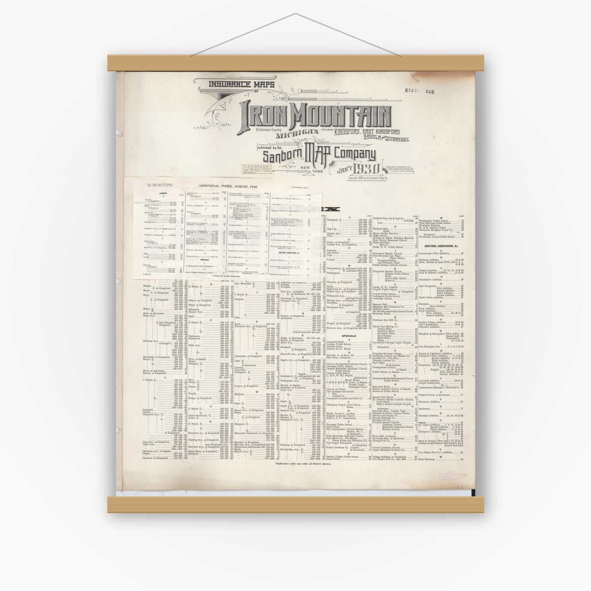 Old map wall art mockup — magnetic wood frame on white wall — Sanborn Fire Insurance Map from Iron Mountain, Dickinson County, Michigan (1949), Sheet #0001