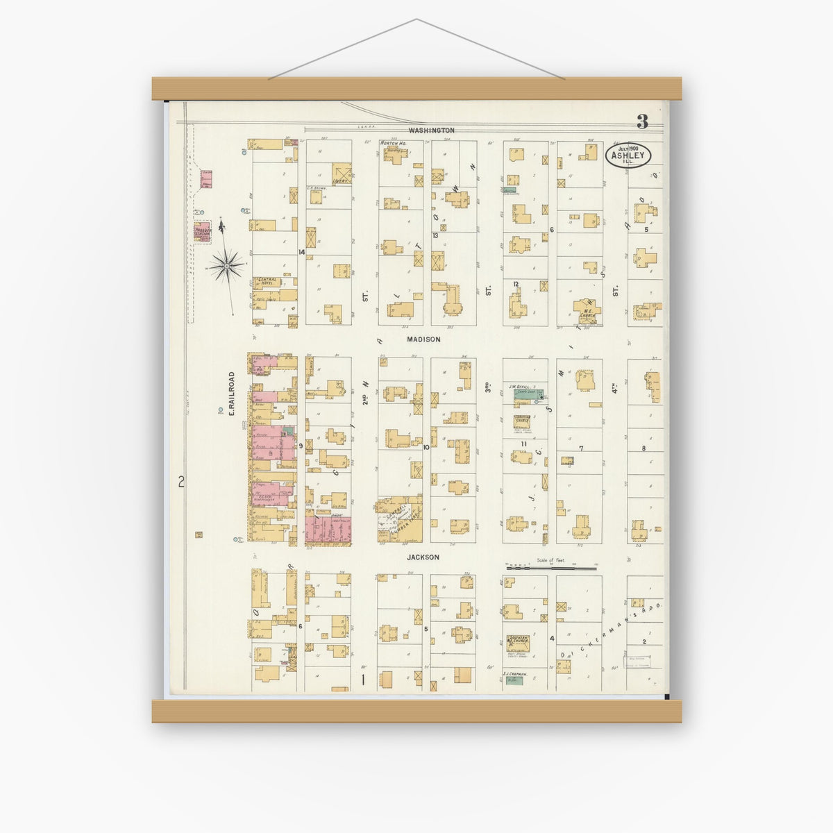 Old map wall art mockup — magnetic wood frame on white wall — Sanborn Fire Insurance Map from Ashley, Washington County, Illinois (1900), Sheet #0003