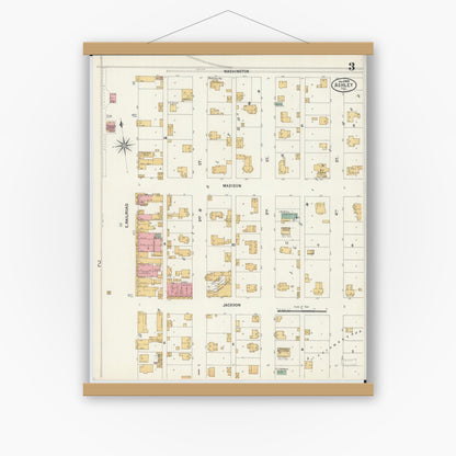 Old map wall art mockup — magnetic wood frame on white wall — Sanborn Fire Insurance Map from Ashley, Washington County, Illinois (1900), Sheet #0003