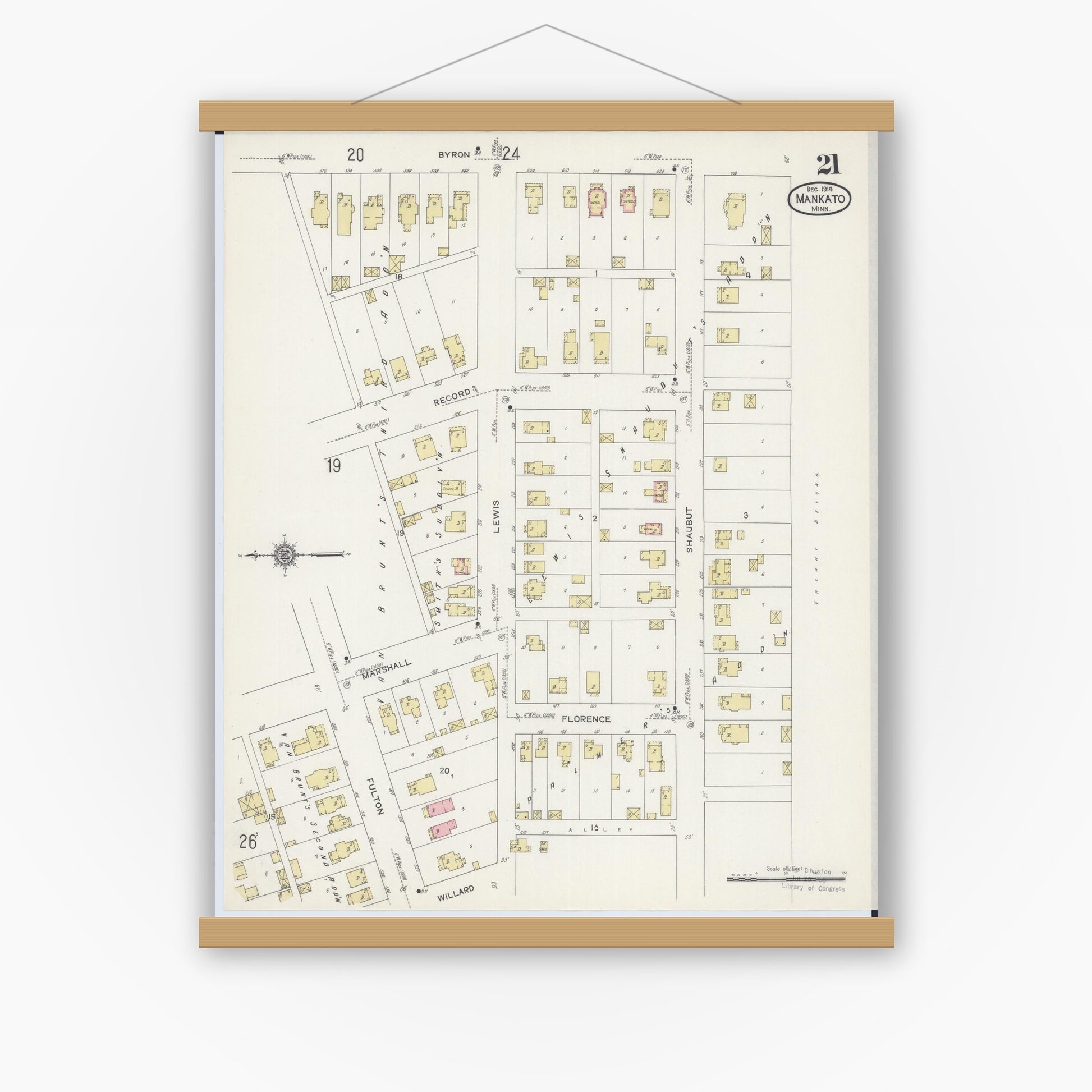 Old map wall art mockup — magnetic wood frame on white wall — Sanborn Fire Insurance Map from Mankato, Blue Earth County, Minnesota (1914), Sheet #0021