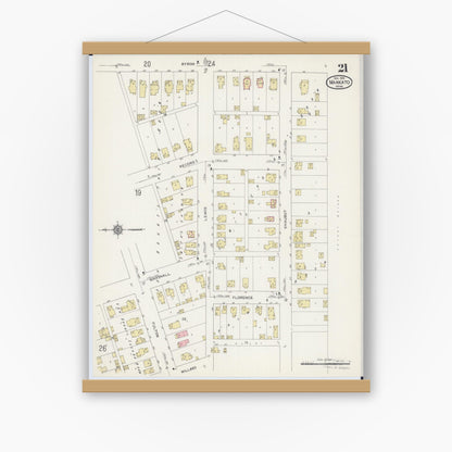 Old map wall art mockup — magnetic wood frame on white wall — Sanborn Fire Insurance Map from Mankato, Blue Earth County, Minnesota (1914), Sheet #0021