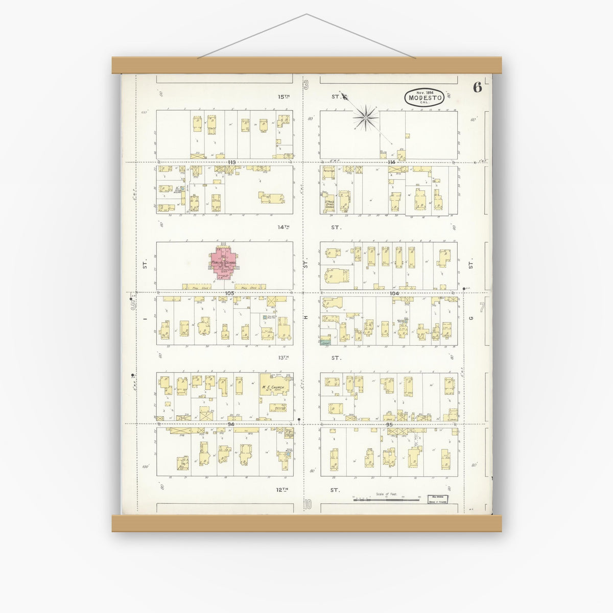 Old map wall art mockup — magnetic wood frame on white wall — Sanborn Fire Insurance Map from Modesto, Stanislaus County, California (1894), Sheet #0006