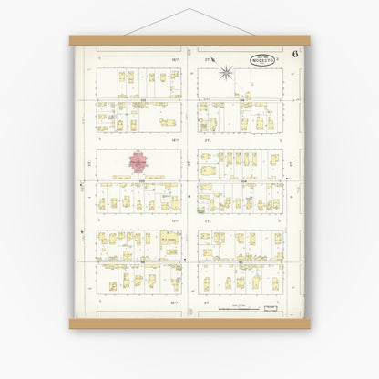 Old map wall art mockup — magnetic wood frame on white wall — Sanborn Fire Insurance Map from Modesto, Stanislaus County, California (1894), Sheet #0006