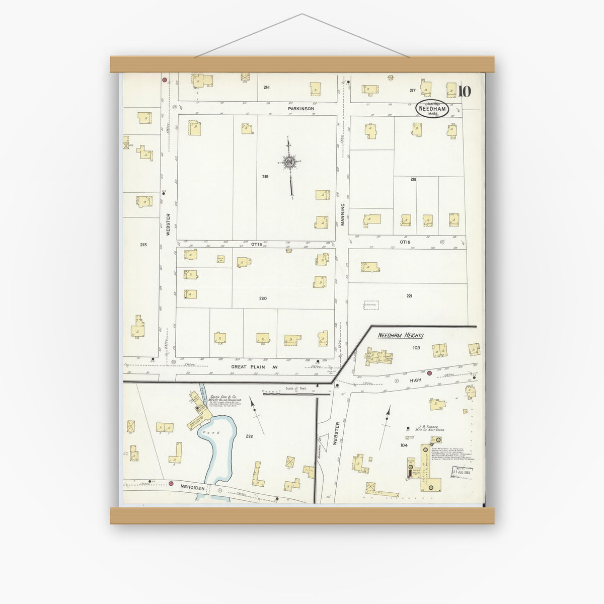 Old map wall art mockup — magnetic wood frame on white wall — Sanborn Fire Insurance Map from Needham, Norfolk County, Massachusetts (1912), Sheet #0010