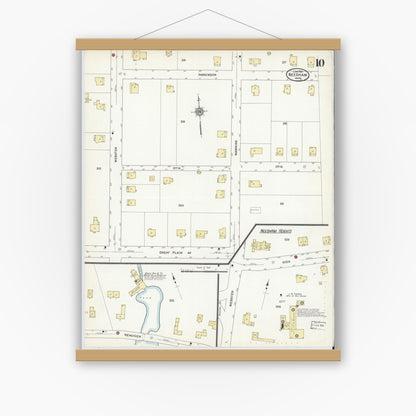 Old map wall art mockup — magnetic wood frame on white wall — Sanborn Fire Insurance Map from Needham, Norfolk County, Massachusetts (1912), Sheet #0010