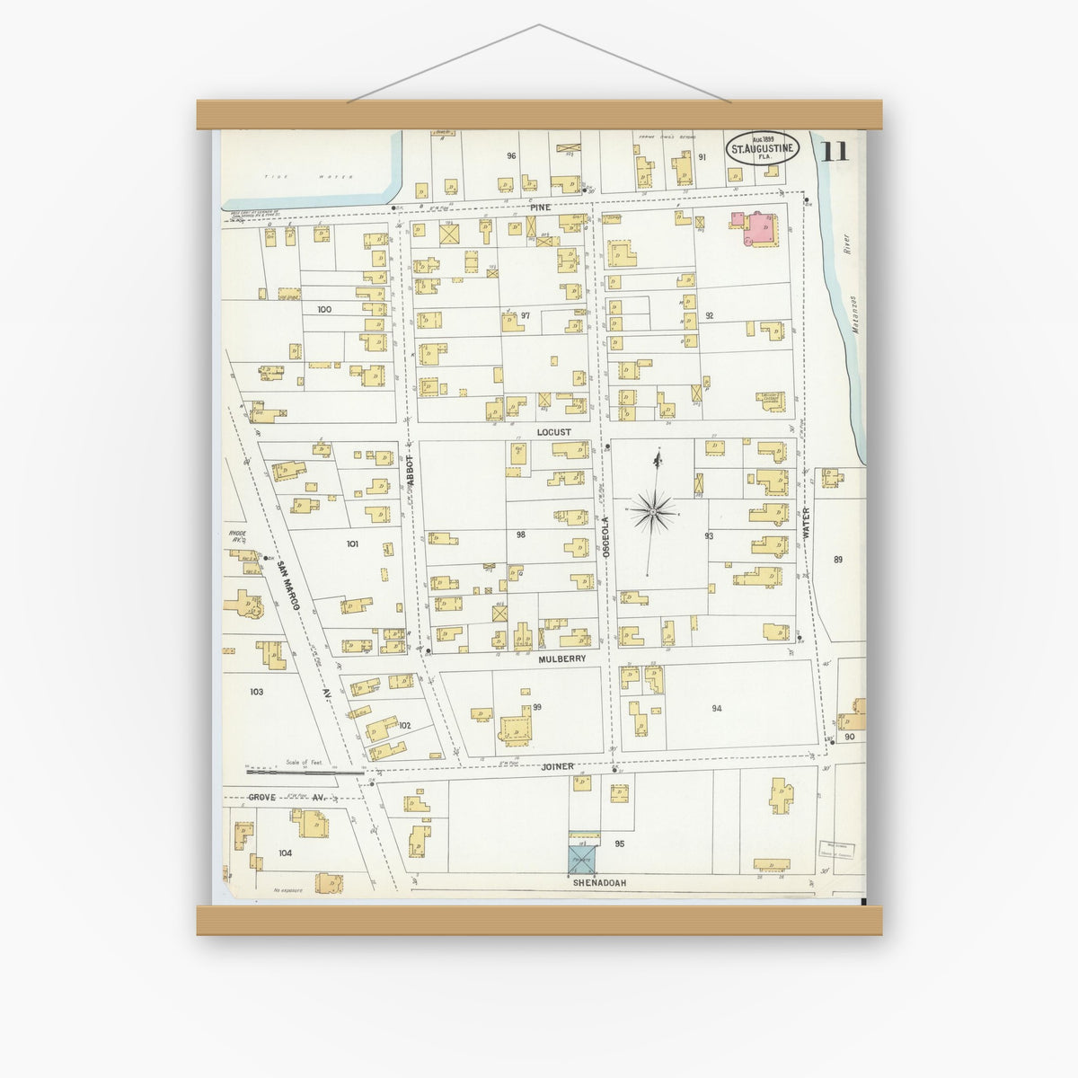 Old map wall art mockup — magnetic wood frame on white wall — Sanborn Fire Insurance Map from Saint Augustine, Saint John's County, Florida (1899), Sheet #0011