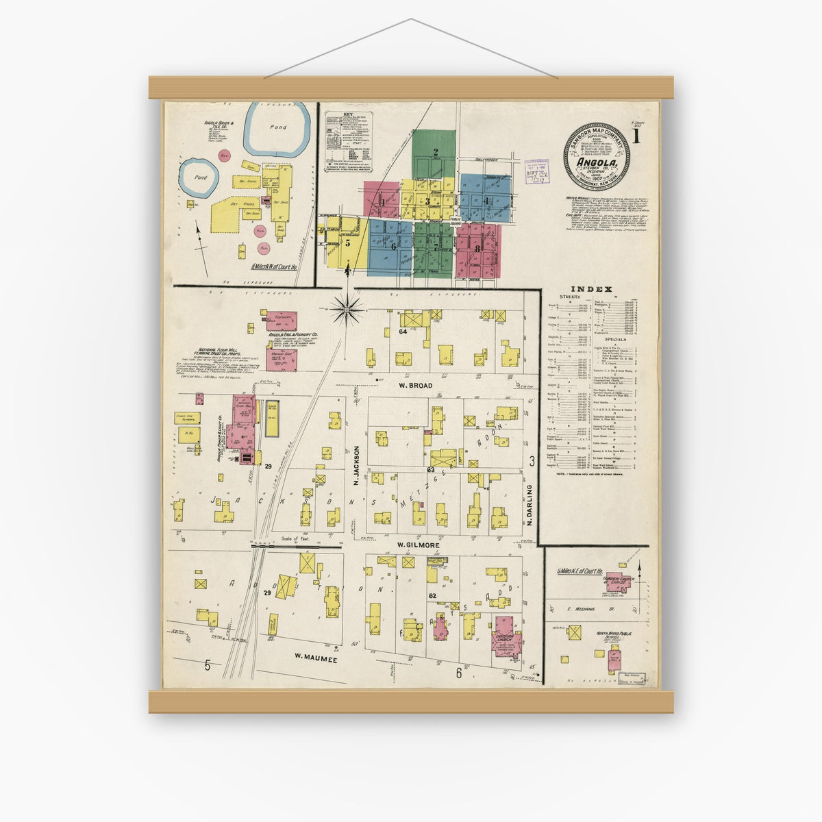 Old map wall art mockup — magnetic wood frame on white wall — Sanborn Fire Insurance Map from Angola, Steuben County, Indiana (1907), Sheet #0001