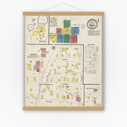 Old map wall art mockup — magnetic wood frame on white wall — Sanborn Fire Insurance Map from Angola, Steuben County, Indiana (1907), Sheet #0001