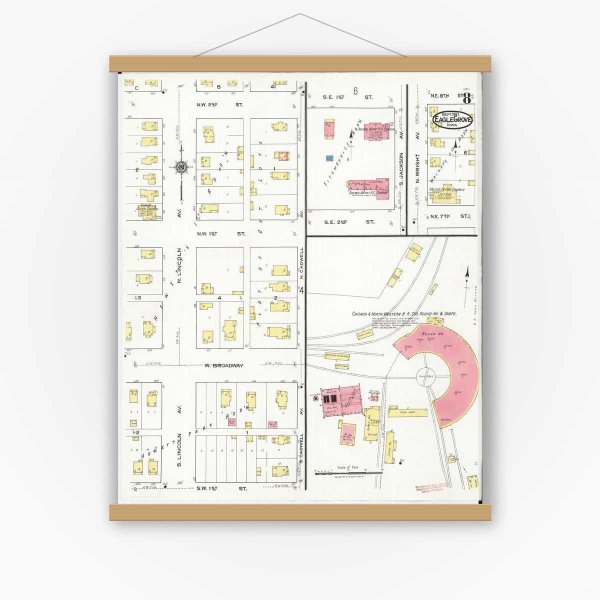 Old map wall art mockup — magnetic wood frame on white wall — Sanborn Fire Insurance Map from Eagle Grove, Wright County, Iowa (1921), Sheet #0008