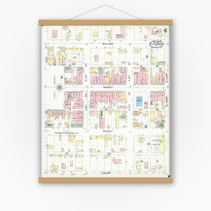 Old map wall art mockup — magnetic wood frame on white wall — Sanborn Fire Insurance Map from Fort Dodge, Webster County, Iowa (1892), Sheet #0004