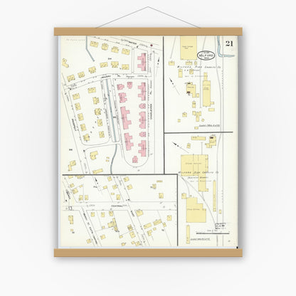 Old map wall art mockup — magnetic wood frame on white wall — Sanborn Fire Insurance Map from Milford, Worcester County, Massachusetts (1910), Sheet #0021