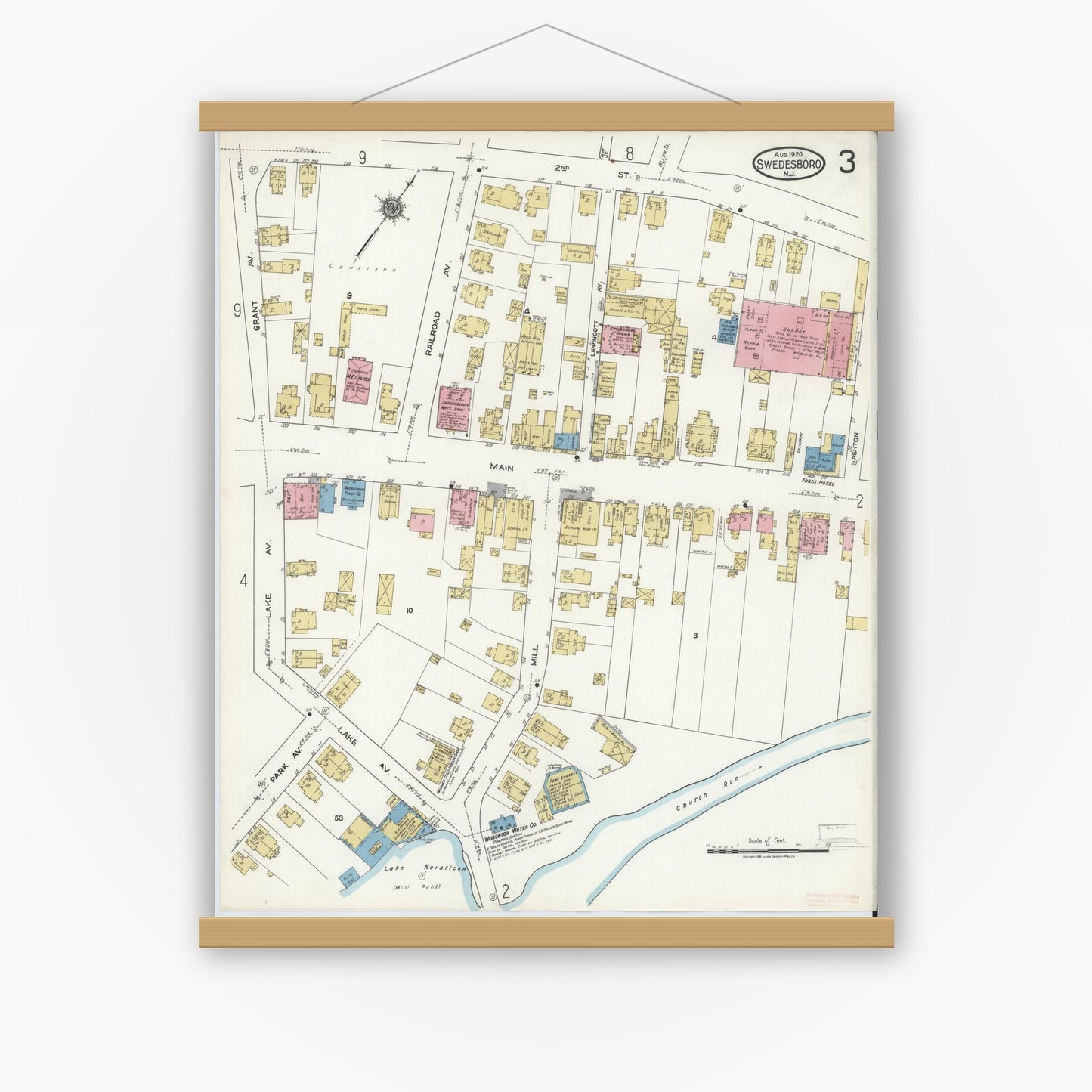 Old map wall art mockup — magnetic wood frame on white wall — Sanborn Fire Insurance Map from Swedesboro, Gloucester County, New Jersey (1920), Sheet #0003