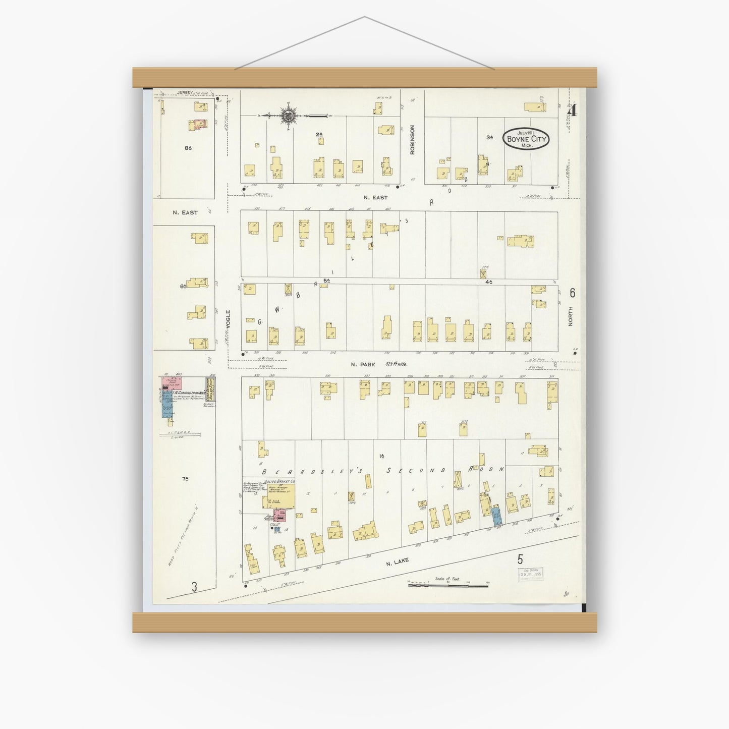 Old map wall art mockup — magnetic wood frame on white wall — Sanborn Fire Insurance Map from Boyne City, Charlevoix County, Michigan (1911), Sheet #0004