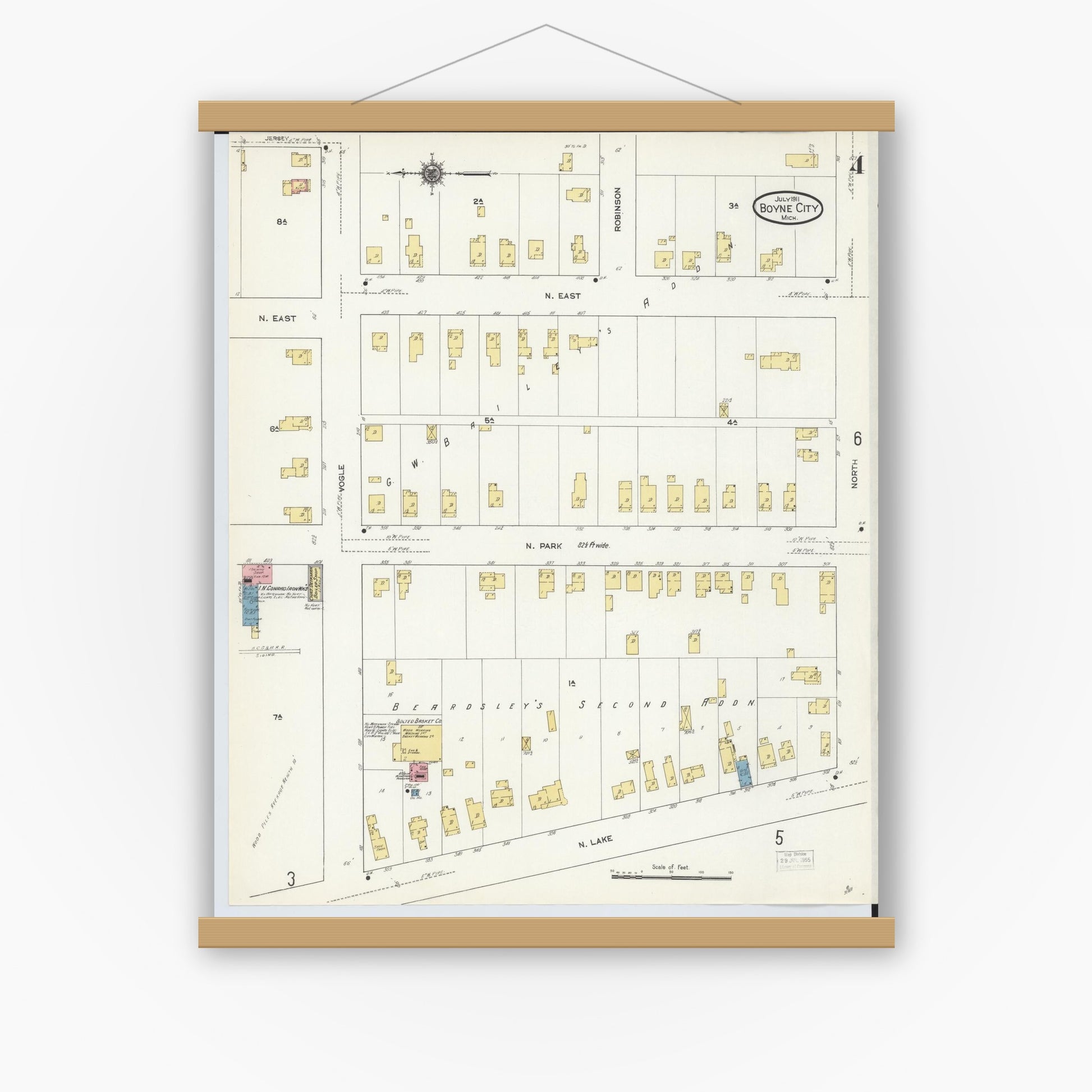 Old map wall art mockup — magnetic wood frame on white wall — Sanborn Fire Insurance Map from Boyne City, Charlevoix County, Michigan (1911), Sheet #0004