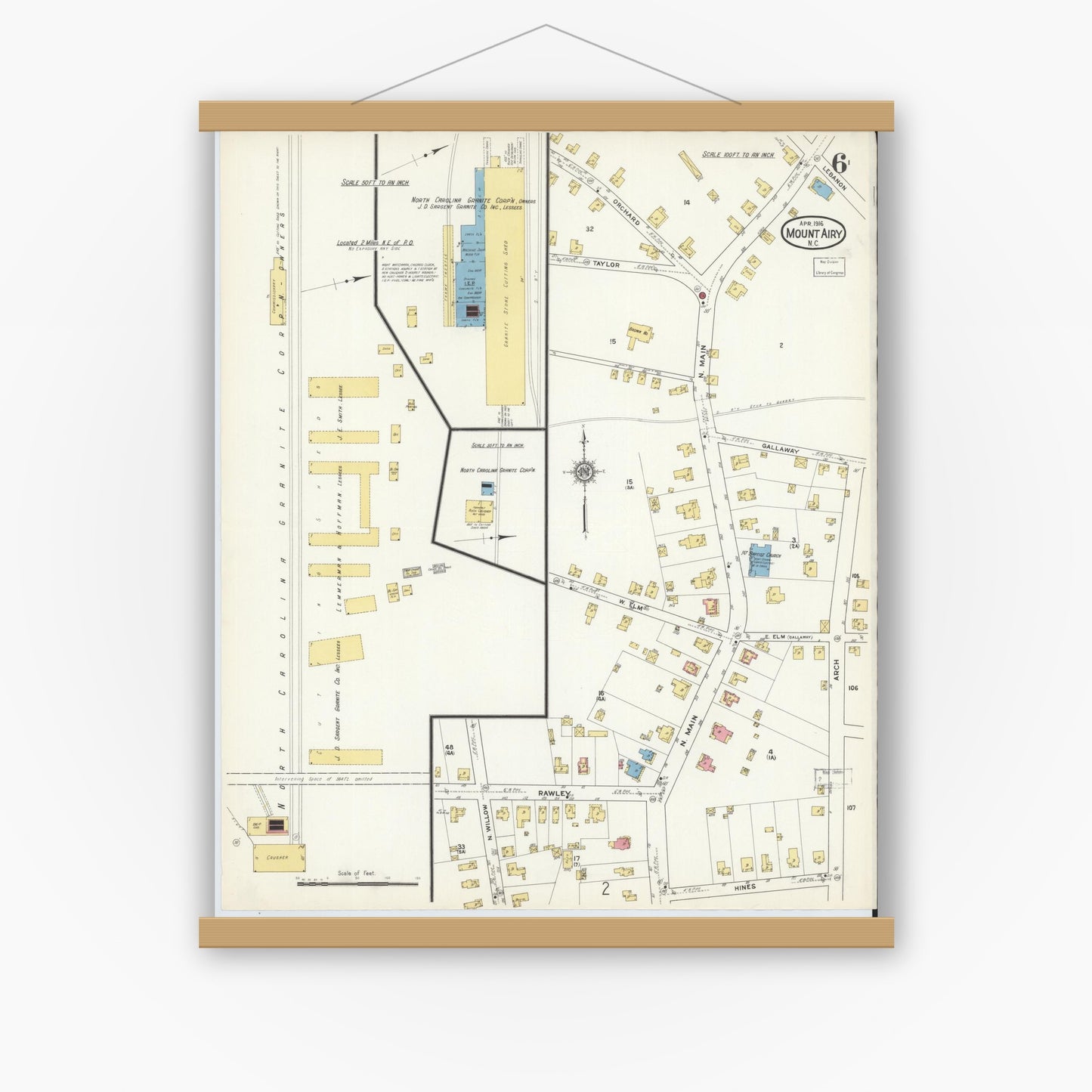 Old map wall art mockup — magnetic wood frame on white wall — Sanborn Fire Insurance Map from Mount Airy, Surry County, North Carolina (1916), Sheet #0006