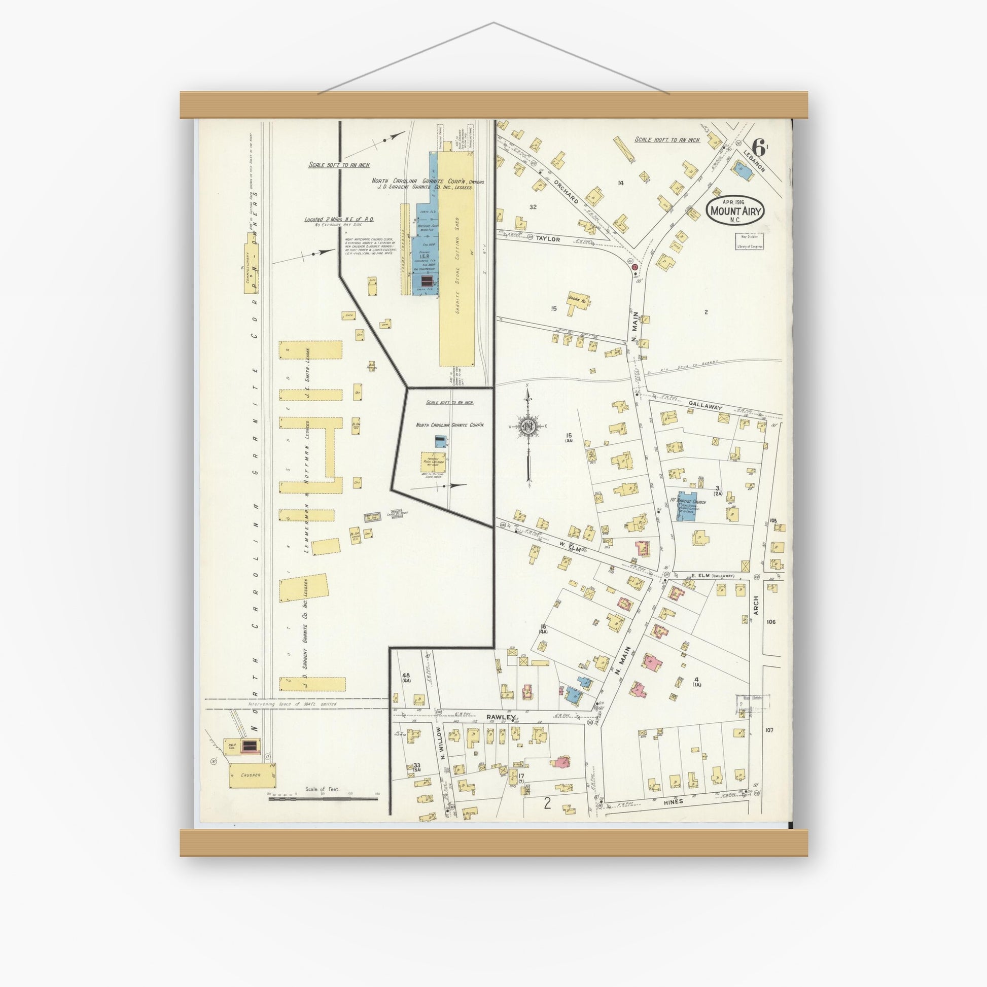 Old map wall art mockup — magnetic wood frame on white wall — Sanborn Fire Insurance Map from Mount Airy, Surry County, North Carolina (1916), Sheet #0006