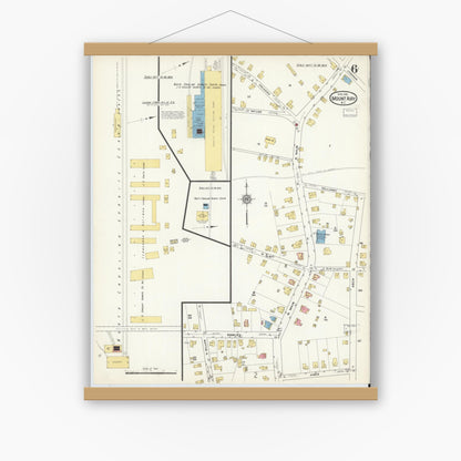 Old map wall art mockup — magnetic wood frame on white wall — Sanborn Fire Insurance Map from Mount Airy, Surry County, North Carolina (1916), Sheet #0006