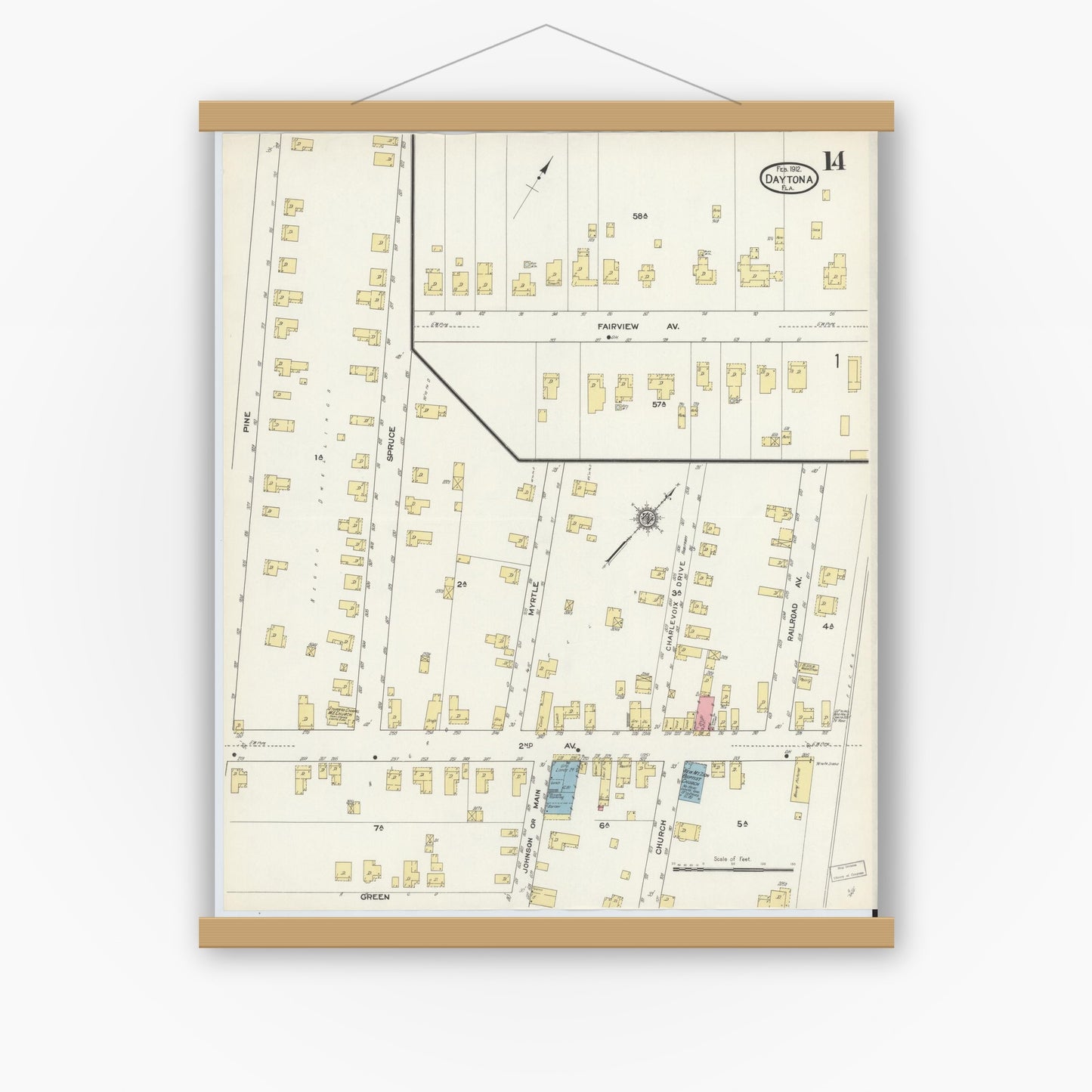 Old map wall art mockup — magnetic wood frame on white wall — Sanborn Fire Insurance Map from Daytona, Volusia County, Florida (1912), Sheet #0014
