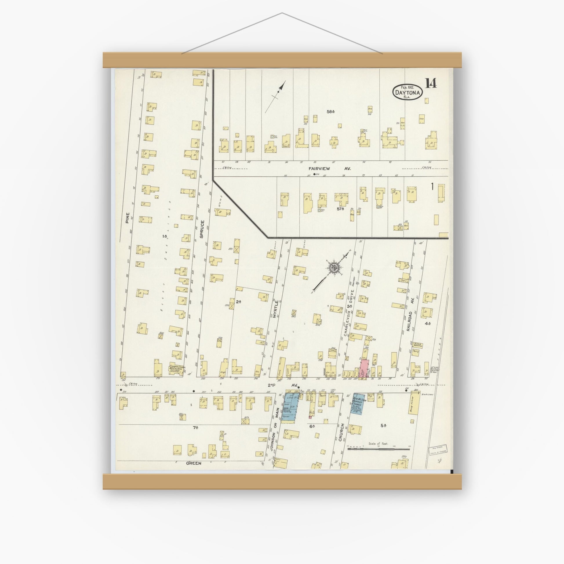 Old map wall art mockup — magnetic wood frame on white wall — Sanborn Fire Insurance Map from Daytona, Volusia County, Florida (1912), Sheet #0014