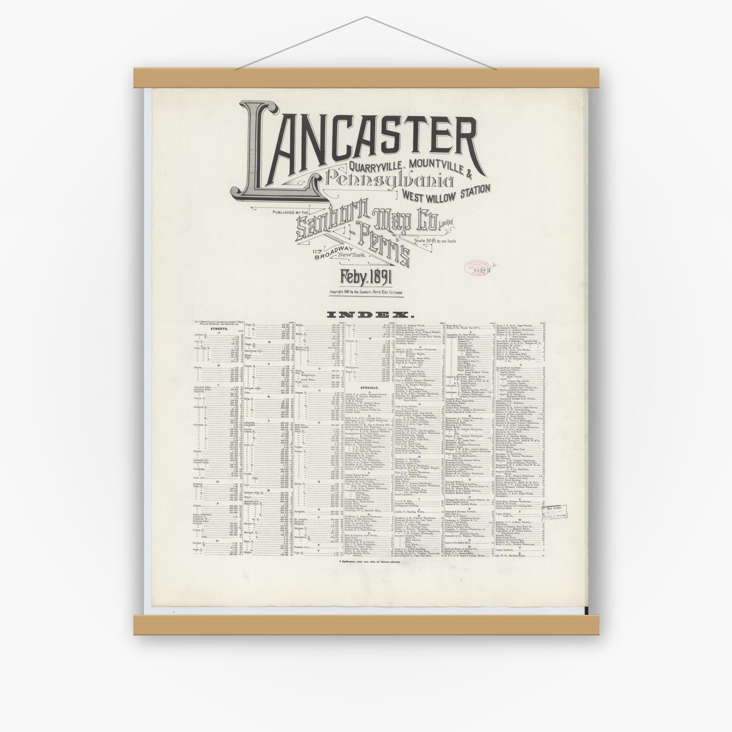 Old map wall art mockup — magnetic wood frame on white wall — Sanborn Fire Insurance Map from Lancaster, Lancaster County, Pennsylvania (1891), Sheet #0001
