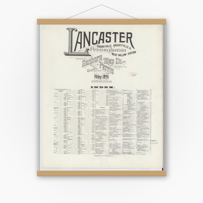 Old map wall art mockup — magnetic wood frame on white wall — Sanborn Fire Insurance Map from Lancaster, Lancaster County, Pennsylvania (1891), Sheet #0001
