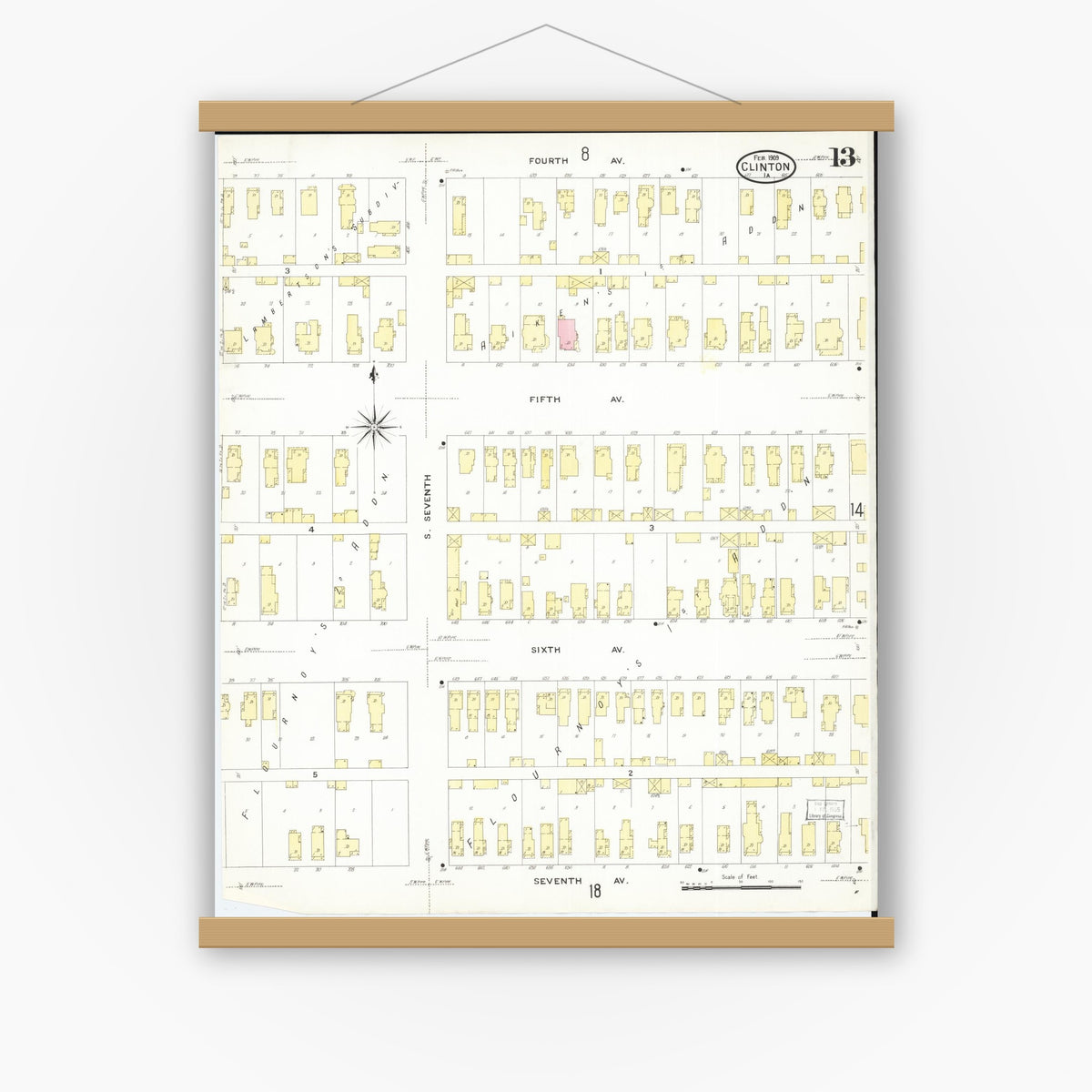 Old map wall art mockup — magnetic wood frame on white wall — Sanborn Fire Insurance Map from Clinton, Clinton County, Iowa (1909), Sheet #0013
