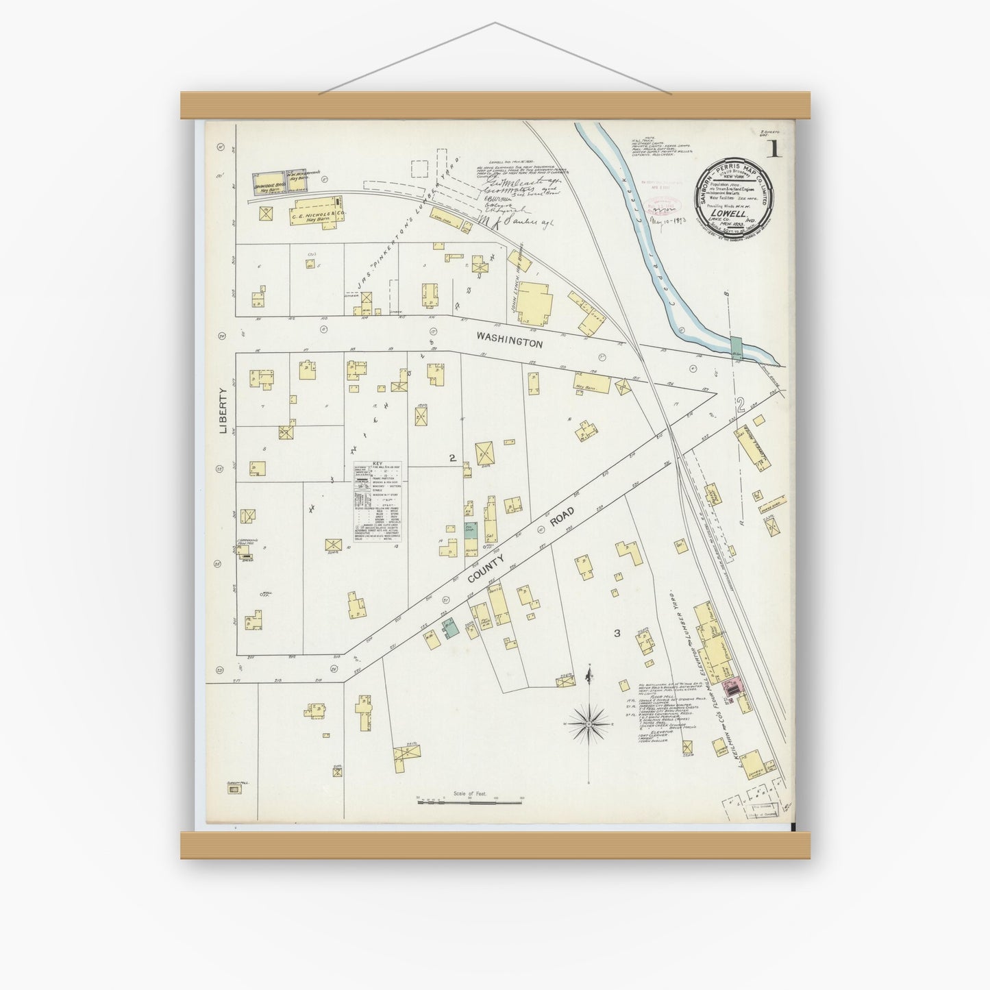 Old map wall art mockup — magnetic wood frame on white wall — Sanborn Fire Insurance Map from Lowell, Lake County, Indiana (1893) - Complete Map Set
