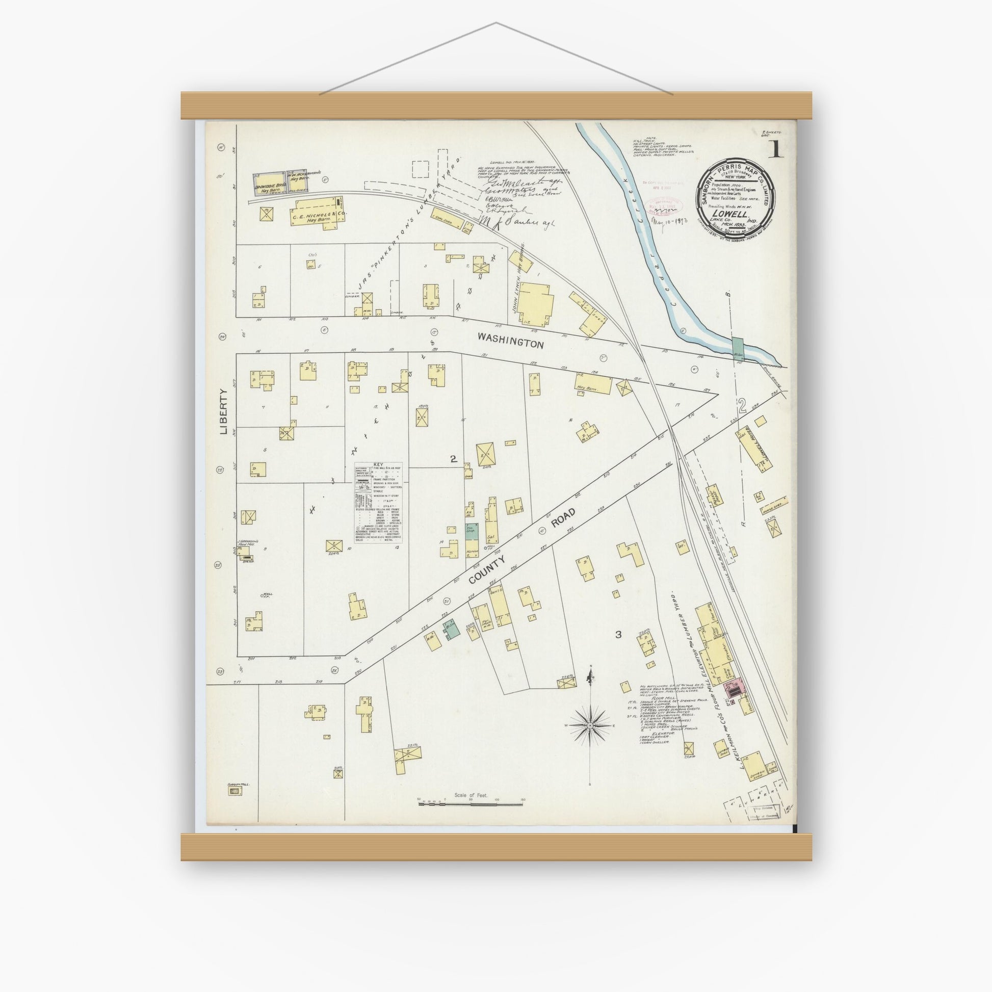 Old map wall art mockup — magnetic wood frame on white wall — Sanborn Fire Insurance Map from Lowell, Lake County, Indiana (1893) - Complete Map Set