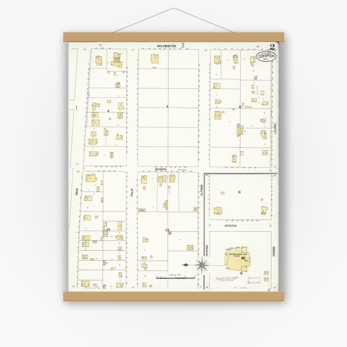 Old map wall art mockup — magnetic wood frame on white wall — Sanborn Fire Insurance Map from Compton, Los Angeles County, California (1907), Sheet #0002