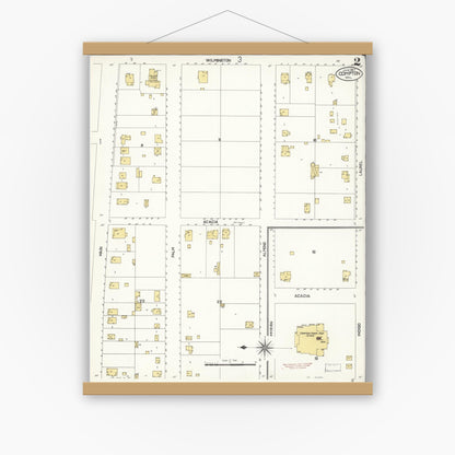 Old map wall art mockup — magnetic wood frame on white wall — Sanborn Fire Insurance Map from Compton, Los Angeles County, California (1907), Sheet #0002
