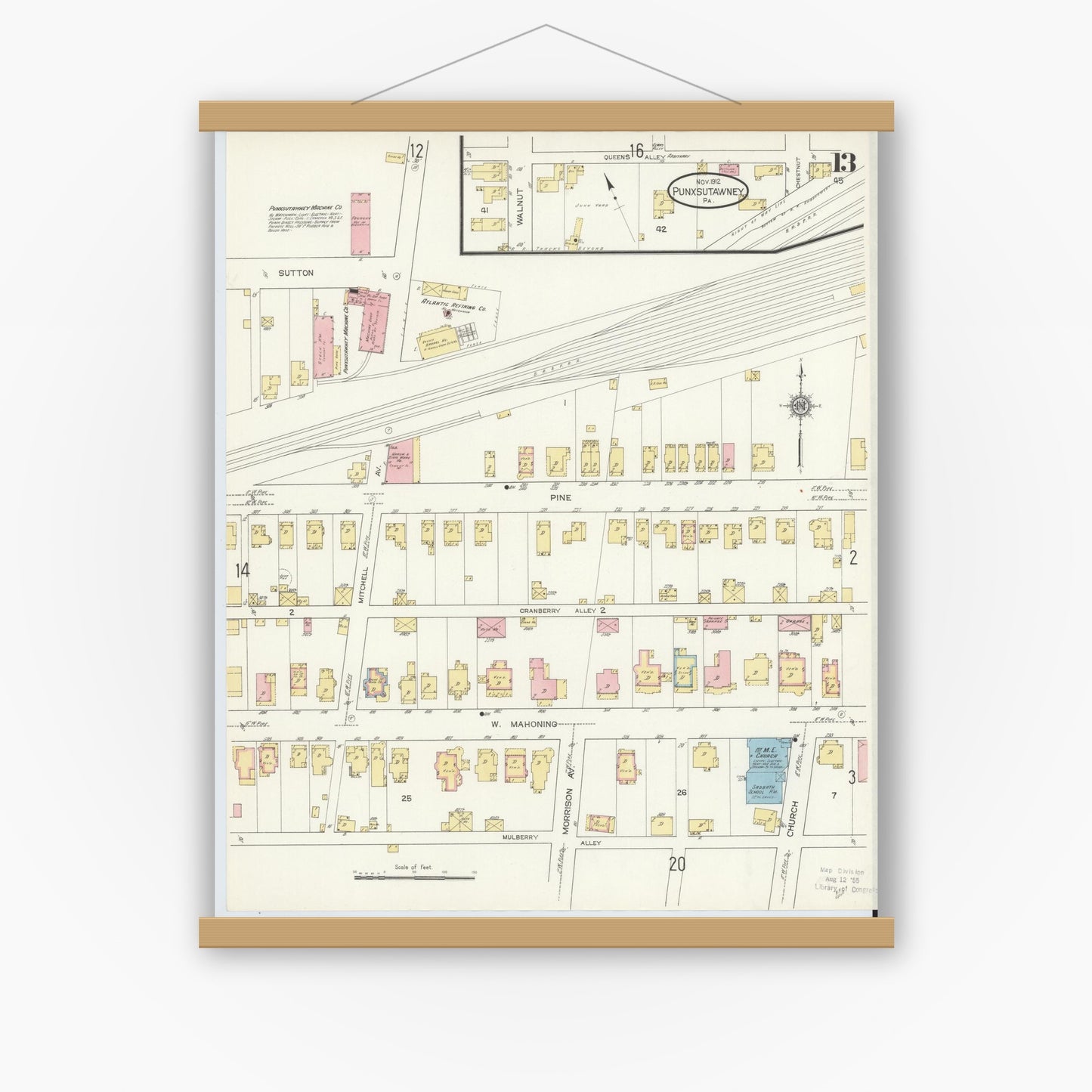 Old map wall art mockup — magnetic wood frame on white wall — Sanborn Fire Insurance Map from Punxsutawney, Jefferson County, Pennsylvania (1912), Sheet #0013
