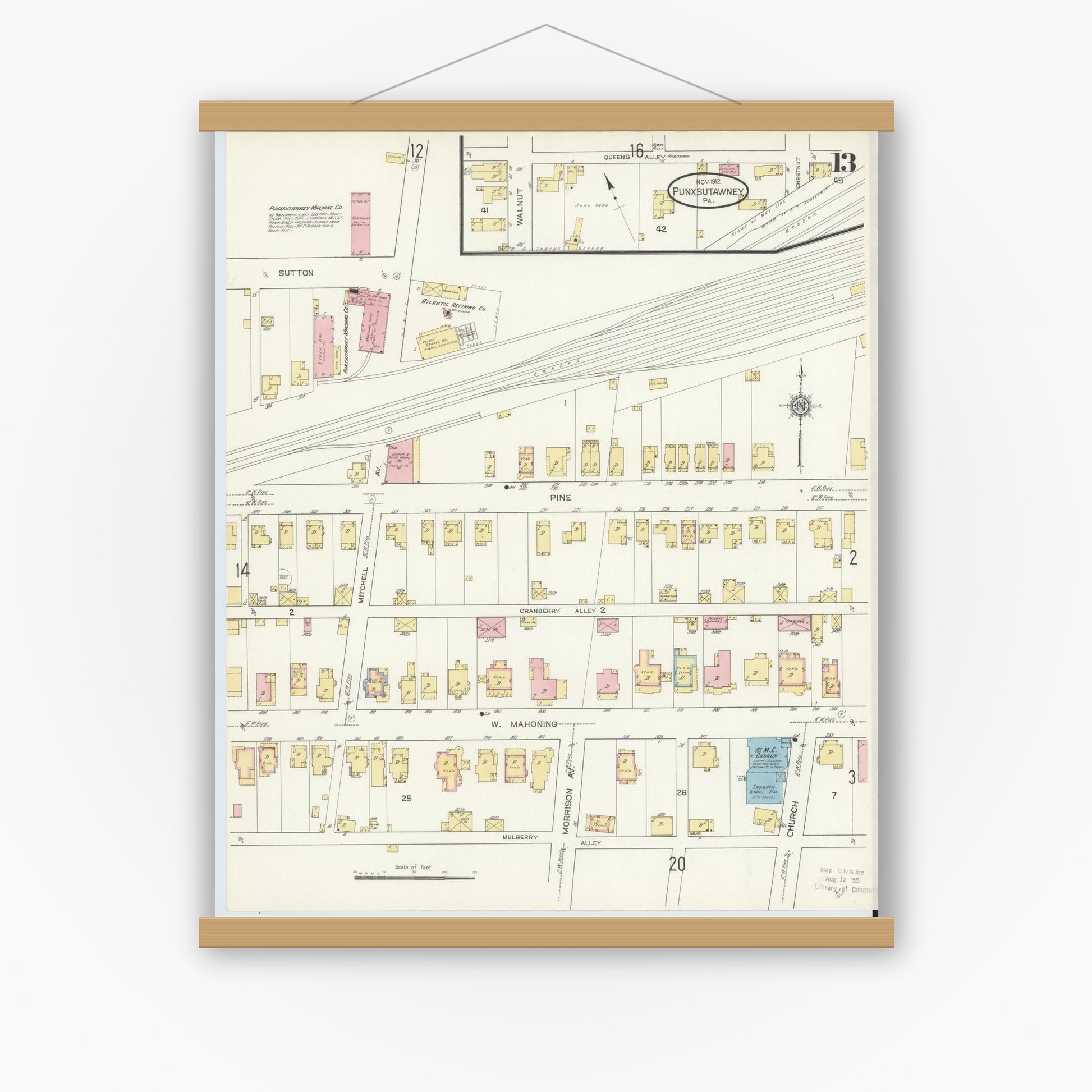 Old map wall art mockup — magnetic wood frame on white wall — Sanborn Fire Insurance Map from Punxsutawney, Jefferson County, Pennsylvania (1912), Sheet #0013