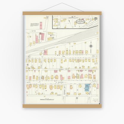 Old map wall art mockup — magnetic wood frame on white wall — Sanborn Fire Insurance Map from Punxsutawney, Jefferson County, Pennsylvania (1912), Sheet #0013