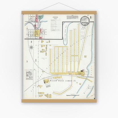 Old map wall art mockup — magnetic wood frame on white wall — Sanborn Fire Insurance Map from New Richmond, St. Croix County, Wisconsin (1900), Sheet #0001