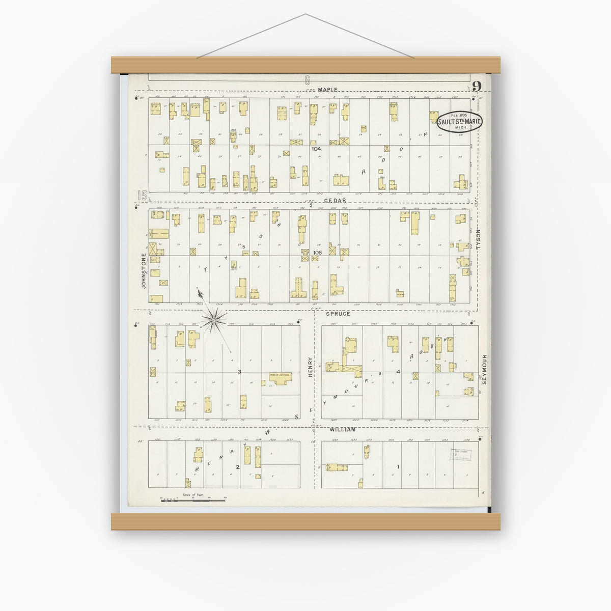 Old map wall art mockup — magnetic wood frame on white wall — Sanborn Fire Insurance Map from Sault Sainte Marie, Chippewa County, Michigan (1895), Sheet #0009